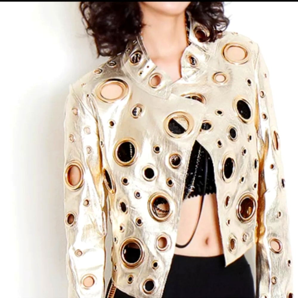 Cropped vegan leather Jacket, Gold Metallic